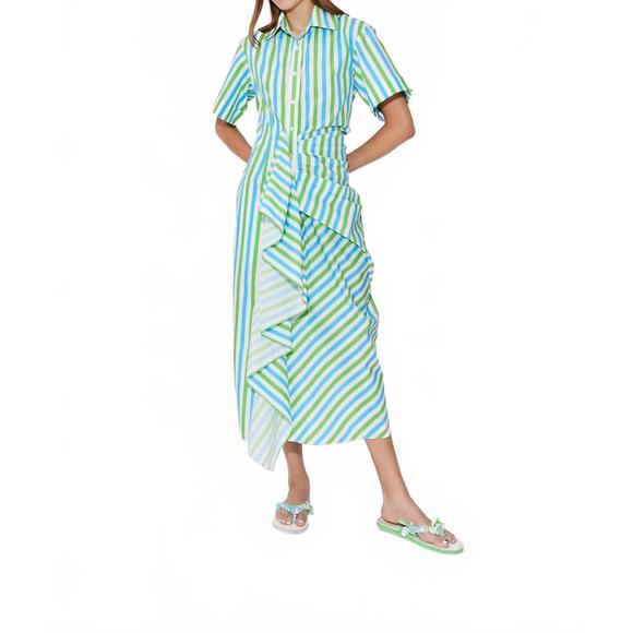 NEW ROSIE ASSOULIN gathered ruffle shirt dress in blue/green stripe - Picture 1 of 7